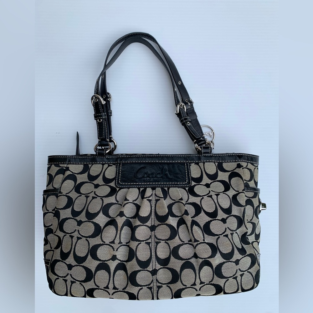 Coach Signature Pleated Black Gray East West Gallery Shoulder Handbag